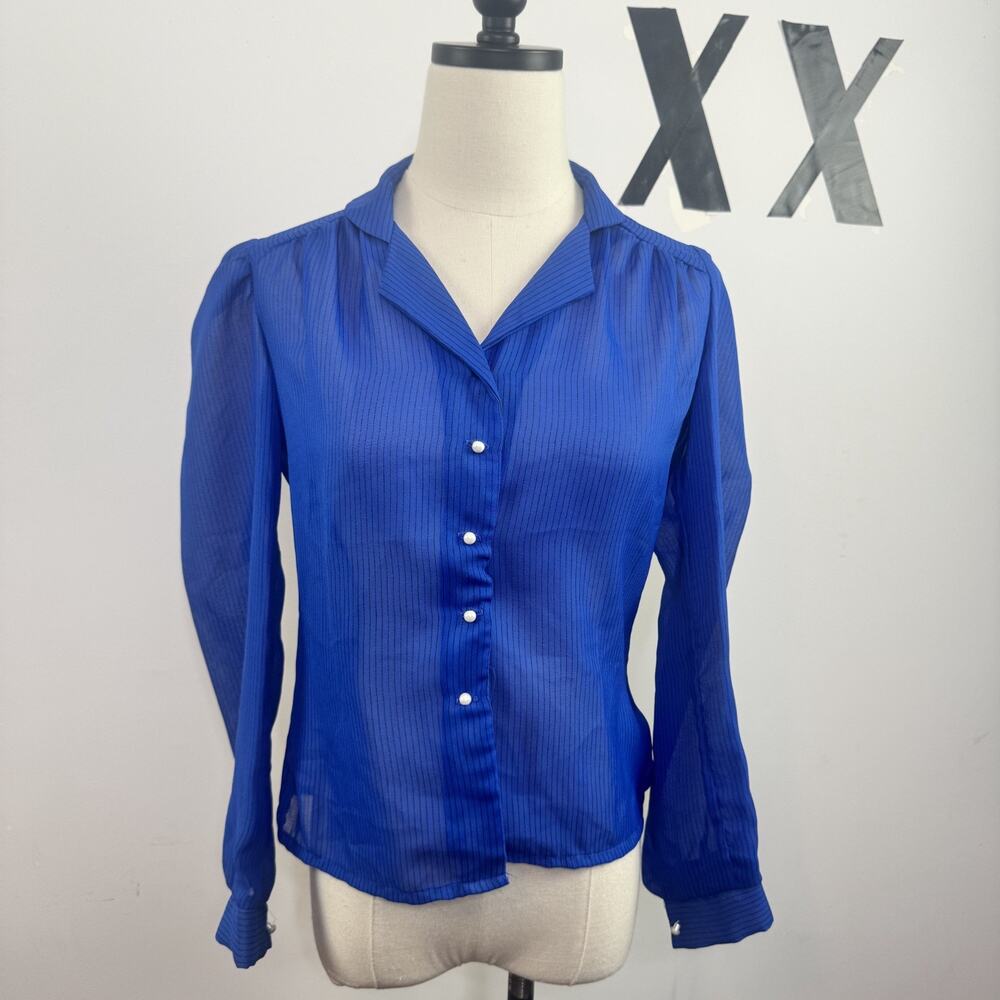 Vintage 80s Byer Sheer Blouse Pearly Button Up Secretary Puff SLeeve Top Size S